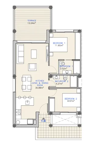 Moderno Apartamento de 2 Dormitorios con Vistas al Mar y al Golf en Santiago de La Ribera — Floor Plan 1